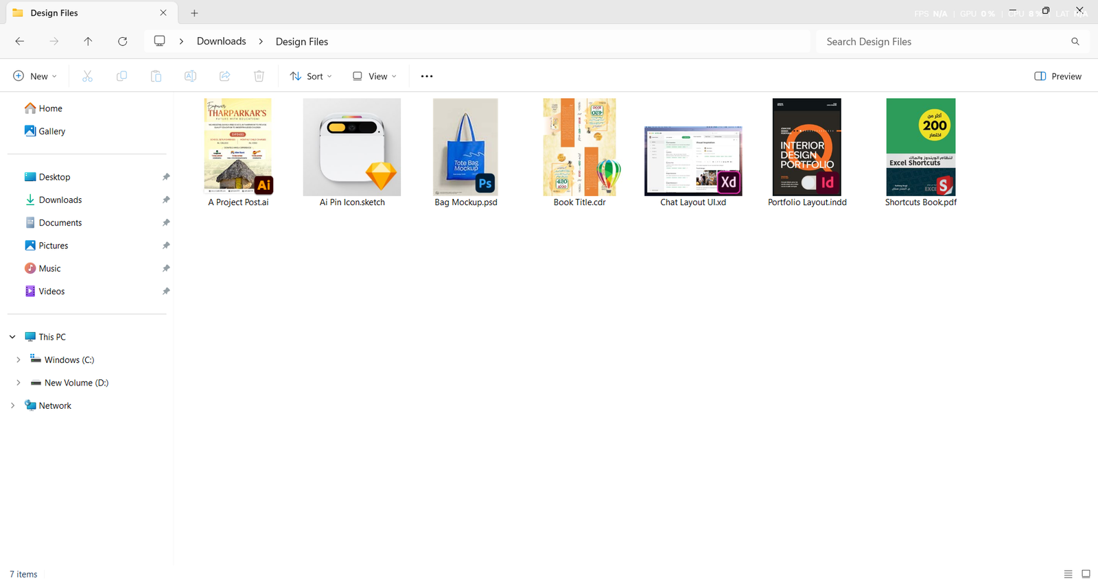 File Explorer showing real thumbnail previews for PSD, AI, CDR, INDD, PDF, Sketch and XD design files, with Design Previewer installed