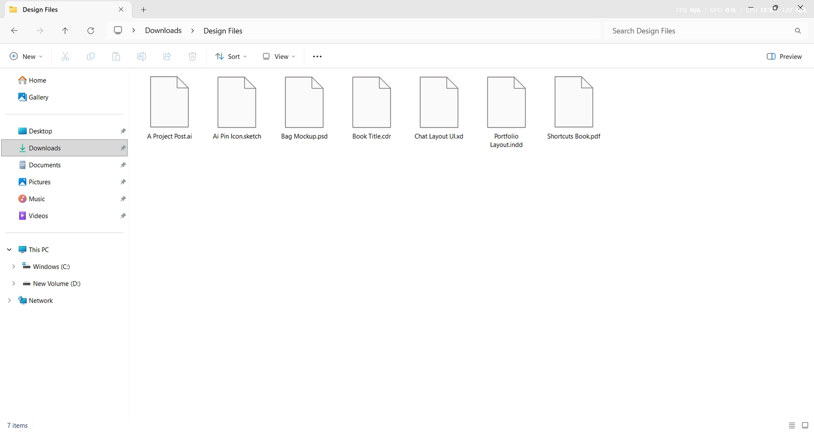 File Explorer showing only generic blank application icons for the same design files, without Design Previewer installed